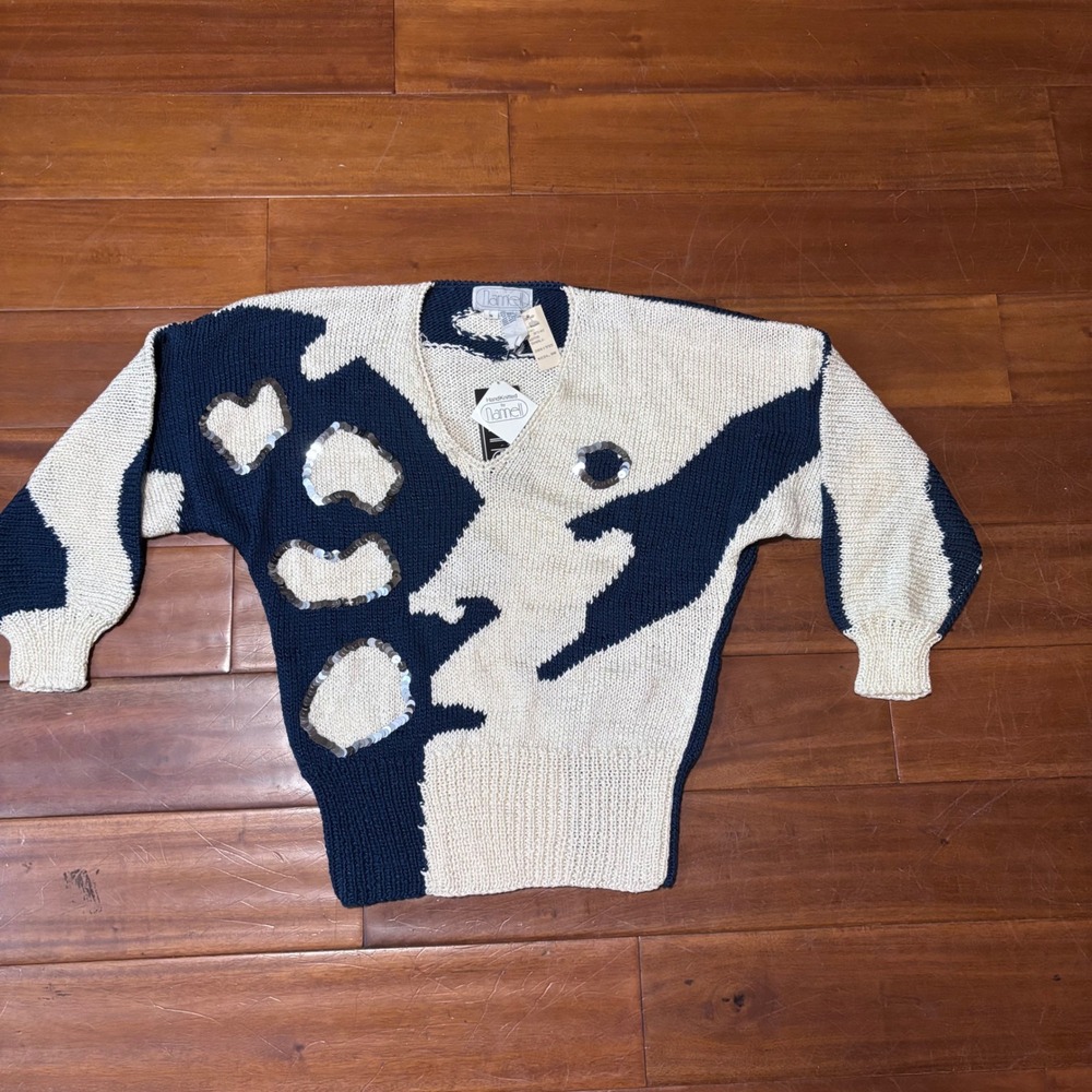 NWT‎ Vtg 80s Nannell Hand Knit Blue|White Embellished Sweater|Cottagecore|Small